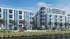 Modern waterfront apartment complex with sleek design, balconies, and palm trees lining the facade.