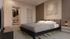 Elegant bedroom with modern decor, featuring a plush bed, stylish wall art, and a spacious walk-in closet.