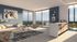 Modern open-concept living room and kitchen with panoramic floor-to-ceiling windows, stylish furnishings, and elegant decor.