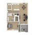 Elegant apartment floor plan showcasing 1 bedroom, a modern kitchen, a stylish living room, and a cozy patio area.
