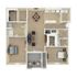 Elegant 3D floor plan showcasing two spacious bedrooms, a cozy living room with comfortable seating, a modern kitchen, and two stylish bathrooms.