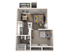 Modern one-bedroom apartment floor plan with an open living-dining area, kitchen, and balcony.