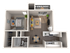 Contemporary one-bedroom apartment floor plan with open living area and kitchen, featuring balcony access and spacious design.