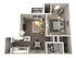 Modern floor plan showcasing a spacious 1-bedroom apartment with an open living area, cozy kitchen, and ample storage.