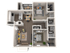 Spacious 3D floor plan of a modern two-bedroom apartment with open kitchen, cozy living room, balcony, and two bathrooms.