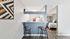Modern apartment interior highlighting a cozy breakfast bar with two stools, next to a sleek kitchen area and a glimpse of a stylish bedroom.