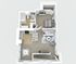 Modern layout showcasing a cozy bedroom, elegant bathroom, open living room, and chic kitchen with dining area. This floor plan is located above garages making for private living.