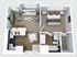 Modern 3D floor plan showcasing a spacious one-bedroom apartment with an open living room, stylish kitchen with breakfast bar, and a well-appointed bathroom.