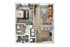 Elegant floor plan showcasing a spacious one-bedroom apartment with a modern open-concept kitchen and living area, stylish bathroom, and convenient laundry setup.