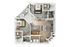 Modern 3D floor plan showcasing two spacious bedrooms, elegant open-concept living area, and a contemporary kitchen with adjacent balcony.