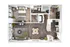 Inviting floor plan showcasing a modern one-bedroom apartment with an open living area, stylish kitchen with breakfast bar, and a cozy bedroom connected to a luxurious bathroom.