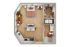 Charming floor plan showcasing a cozy bedroom, elegant living area with stylish furnishings, modern kitchen, and spacious bathroom.