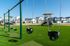 Modern playground with swings and slides in a vibrant neighborhood setting.