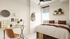 Bright, modern bedroom featuring a cozy bed with stylish cushions, a sleek work desk, and large window offering a picturesque city view.