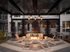 Inviting outdoor lounge area with cozy fire pit, surrounded by chic wooden chairs and ambient lighting, perfect for social gatherings.
