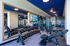 Contemporary fitness center with state-of-the-art gym equipment, vibrant blue ceiling, and expansive wall mirror for an energized workout experience.