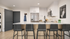 Modern kitchen with sleek granite island, stylish black bar stools, stainless steel appliances, and chic decor.