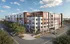 Modern apartment complex with stylish facade, rooftop terrace, and inviting leasing office on a tree-lined street.