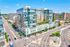 Luxurious modern apartment complex with glass architecture, rooftop greenery, and bustling urban surroundings.