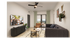 Modern living room with a cozy gray sectional, vibrant artwork, and a large TV, opening to a private balcony through elegant double doors.