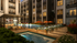 Luxurious apartment complex featuring a sparkling swimming pool with fountain jets, surrounded by modern lounging chairs and vibrant landscaping under a stylish pergola.