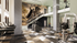 Contemporary fitness center with modern equipment, bright geometric flooring, and a striking mural of a knight on horseback.