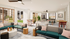 Modern recreation area with stylish seating, vibrant cushions, foosball table, and large windows overlooking a lush courtyard, perfect for relaxation and entertainment.