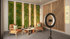 Trendy studio with modern vertical green wall panels, chic wooden accents, and cozy armchairs, perfect for a creative workspace.