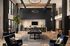 Elegant communal lounge with modern decor, featuring a pool table, stylish seating, and a chic kitchenette with bar stools.