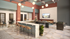 Modern communal lounge featuring a chic terrazzo countertop, plush seating, and a foosball table for entertainment, with ambient lighting and a large wall-mounted TV.