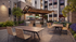 Modern outdoor courtyard with stylish pergola, state-of-the-art grills, and elegant dining tables under cozy string lights.