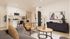 Modern living room with a cozy seating area, stylish kitchen featuring sleek white cabinets, and a contemporary open floor plan. Warm natural lighting enhances the inviting atmosphere.