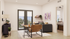 Inviting living room with modern decor, featuring elegant furniture, stylish artwork, and access to a balcony with scenic views.