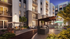 Luxurious apartment courtyard featuring modern outdoor seating, a stylish swing bench, and a sleek barbecue area under twinkling string lights.