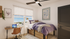 Cozy bedroom with a stylish single bed, desk setup, and a large window offering a scenic view, adorned with elegant decor and natural light.