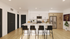 Modern kitchen with sleek white cabinetry, spacious island seating, and stainless steel appliances, perfect for entertaining.
