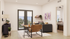 Chic living room with a cozy ambiance featuring modern furniture, elegant artwork, and ample natural light from large windows.
