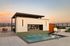 Luxurious rooftop terrace at sunset featuring a modern fireplace, sleek pool, and stylish seating area, perfect for relaxation and entertaining.