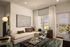 Elegant living room with modern decor, featuring a plush cream sofa, stylish abstract artwork, and large windows bathing the space in natural light.