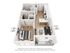 Chic open-concept apartment layout featuring a spacious bedroom, modern kitchen with island seating, cozy living area, and private balcony.