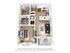 Modern 3D floor plan showcasing 1 bedroom apartment with open-concept kitchen and living area, elegant bathroom, and cozy balcony.