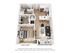 Contemporary apartment floor plan showcasing 1 bedroom, a sleek kitchen with island, cozy living area, and a charming balcony.