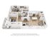 Contemporary 3D floor plan showcasing 2 bedrooms, a stylish open-concept living room with dining area, and a modern kitchen, complete with balcony views.