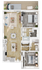 Contemporary floor plan showcasing 2 spacious bedrooms, elegant open-concept living and dining area, modern kitchen with island, and inviting outdoor patio with seating and hammock.