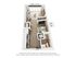 Modern 3D floor plan showcasing a cozy 1-bedroom apartment with open kitchen, inviting living area, and elegant bathroom.