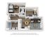Charming 3D floor plan featuring two cozy bedrooms, a modern living room, a dining nook, and a sleek kitchen with wooden flooring highlights.