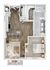 Modern 1-bedroom floor plan featuring an open-concept living area, stylish kitchen, and sleek bathroom with a balcony view.