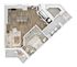 Modern apartment floor plan featuring an open-concept kitchen with island seating, cozy living area, spacious bedroom, luxurious bathroom, and inviting balcony.