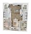 Modern 3D floor plan featuring two bedrooms with elegant decor, a spacious living area perfect for relaxation, and a sleek open-concept kitchen with island seating.