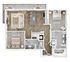 Modern floor plan showcasing two spacious bedrooms, a stylish open-concept living area, and a sleek kitchen with an island and bar seating. Enjoy the outdoor balcony space, ideal for relaxation.